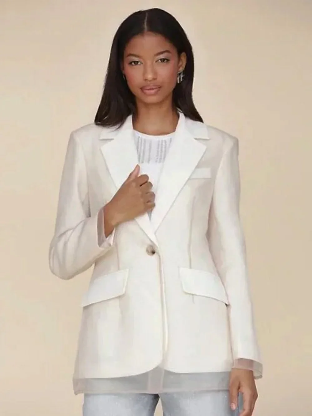 New Avec Les Filles Organza Layered Blazer White Taupe XS - Picture 3 of 7